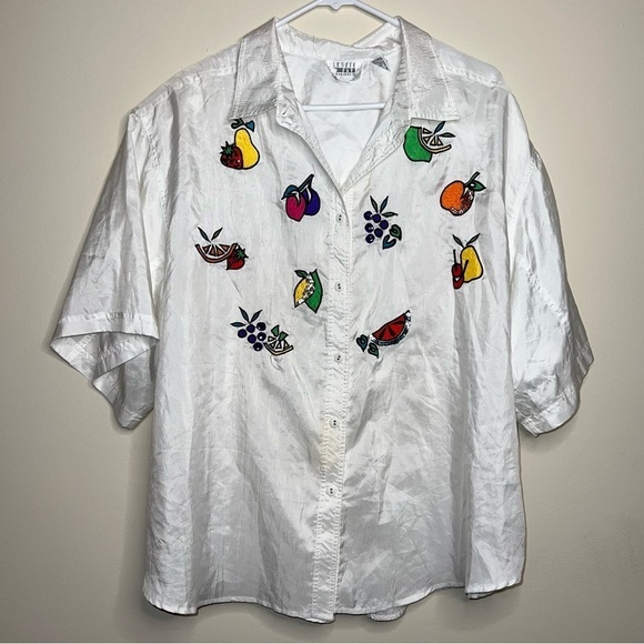 Leslie Fay White Short Sleeved Button Down Blouse with Sequined Fruit Size 3X - Picture 5 of 11